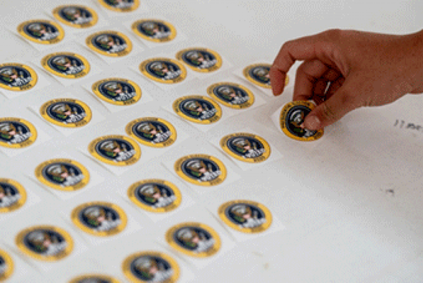 Hand selecting an "I voted" sticker from a sheet of stickers
